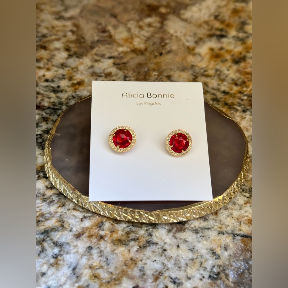 Alicia Bonnie Gold Ruby CZ Stud Earrings - Picture 1 of 10